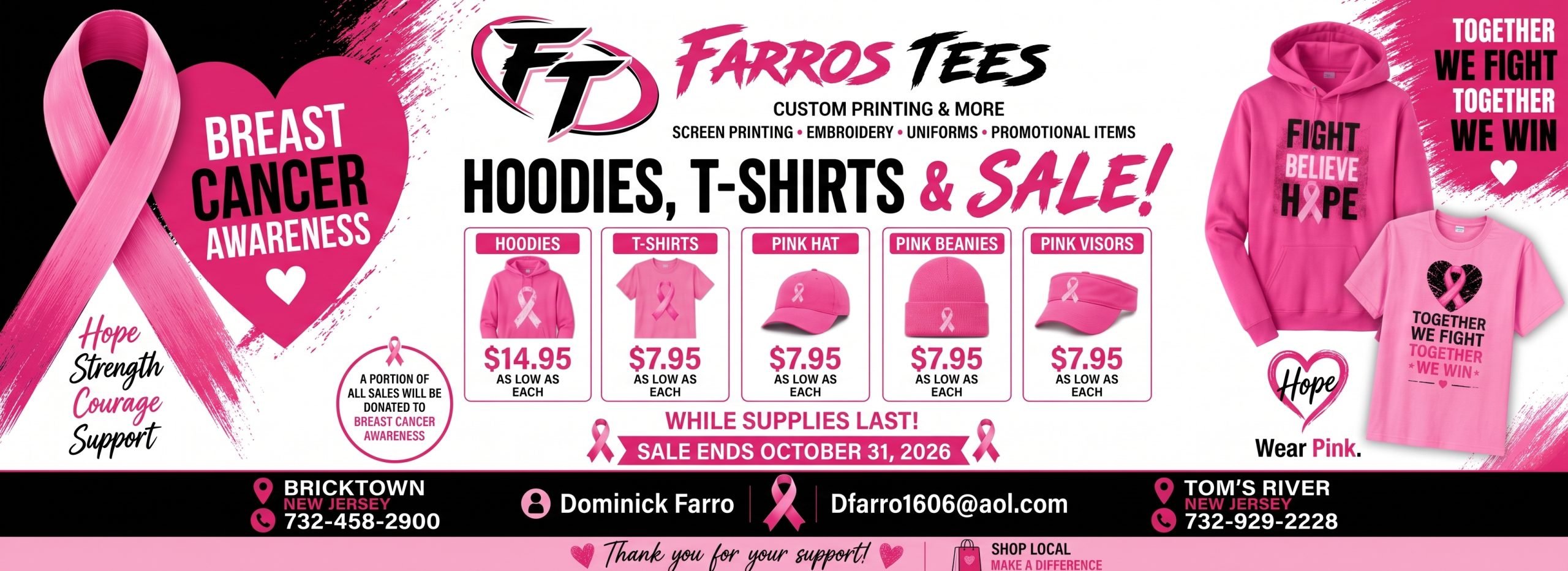 Farro's Tees breast cancer awareness sale: pink hoodies from $14.95 and T-shirts, hats, beanies and visors from $7.95 each. Sale ends October 31, 2026, while supplies last.