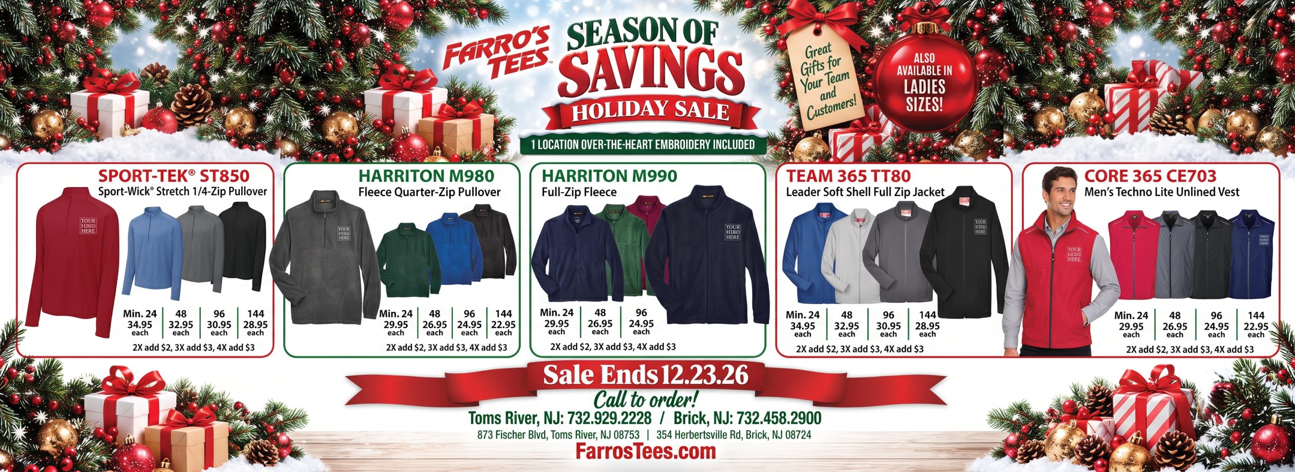 Farro's Tees Season of Savings holiday sale. Updated prices supplied October 14. Sale ends December 23, 2026. Call Toms River 732-929-2228 or Brick 732-458-2900.